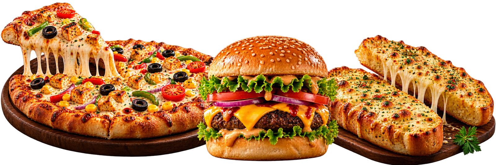 Pizza Burger and Cheesy Garlic Bread Trio